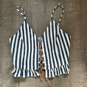 Blue Life Blue and White Striped Lace-Up Crop Tank Top with Ruffle Trim